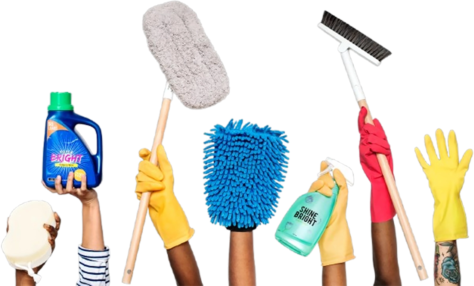 Multiple hands holding up cleaning tools and products.