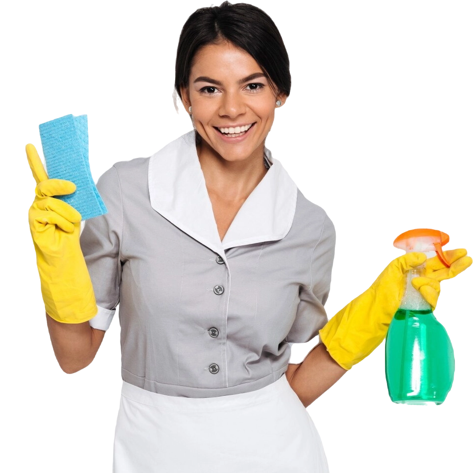 Cleaning lady holding a cleaning spray and sponge