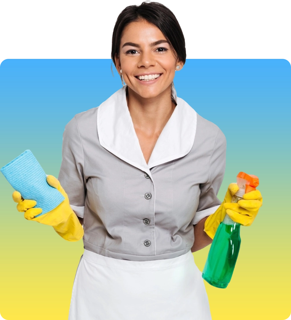 Cleaning lady holding a cleaning spray and sponge