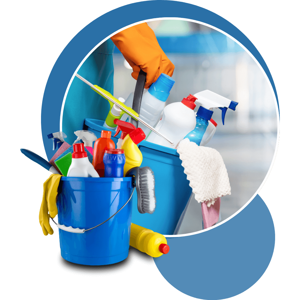 Cleaning bucket with spray bottles, gloves, cleaning tools, and cleaning products