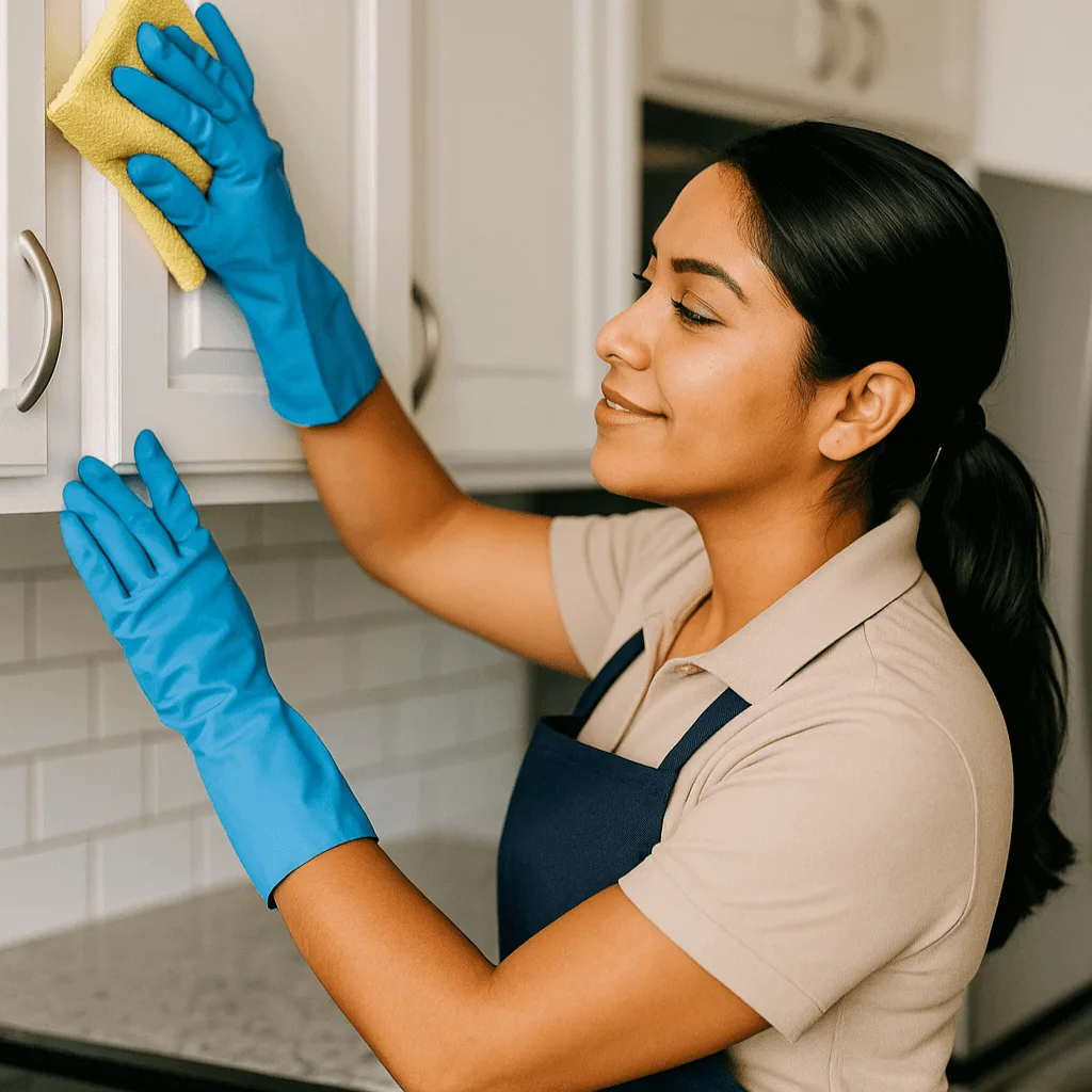 Woman wiping cupboards.