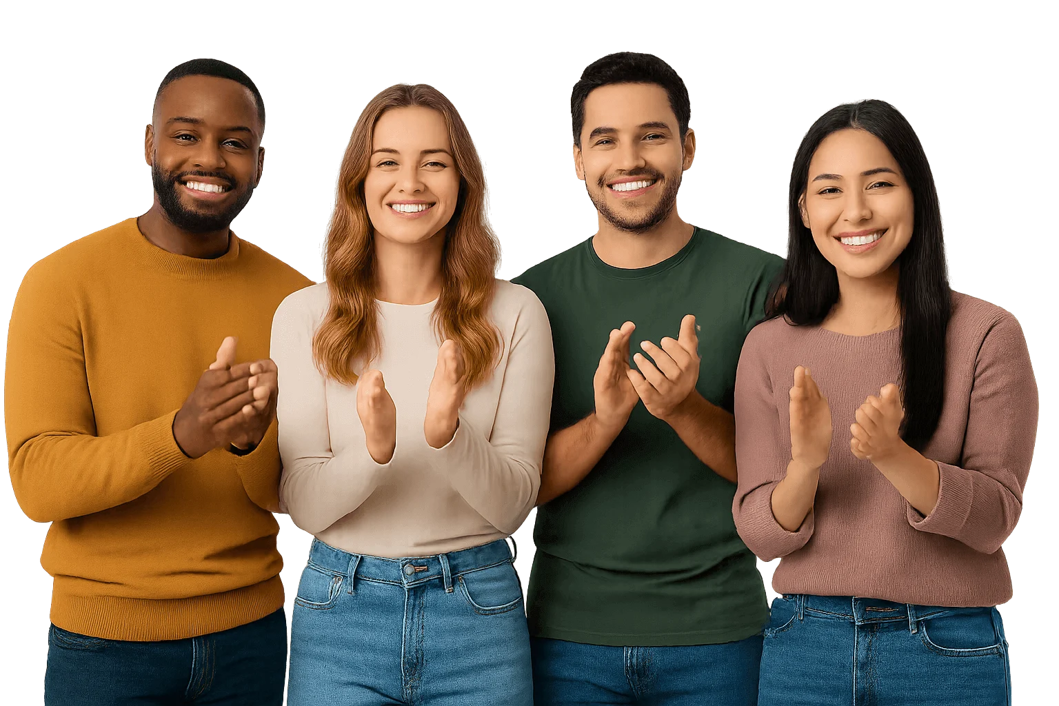 A group of people of mixed ethnicities applauding and smiling.