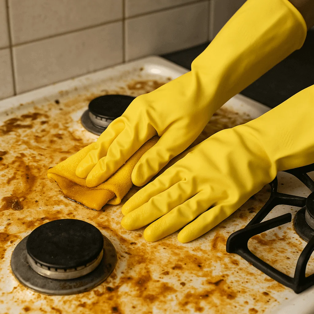 Hands wiping grease with a sponge cloth from a stove