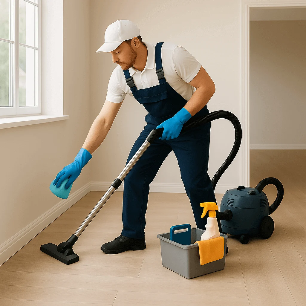 Male cleaner, performing move-in cleaning service, vacuuming a floor in what seems to be a newly renovated space.