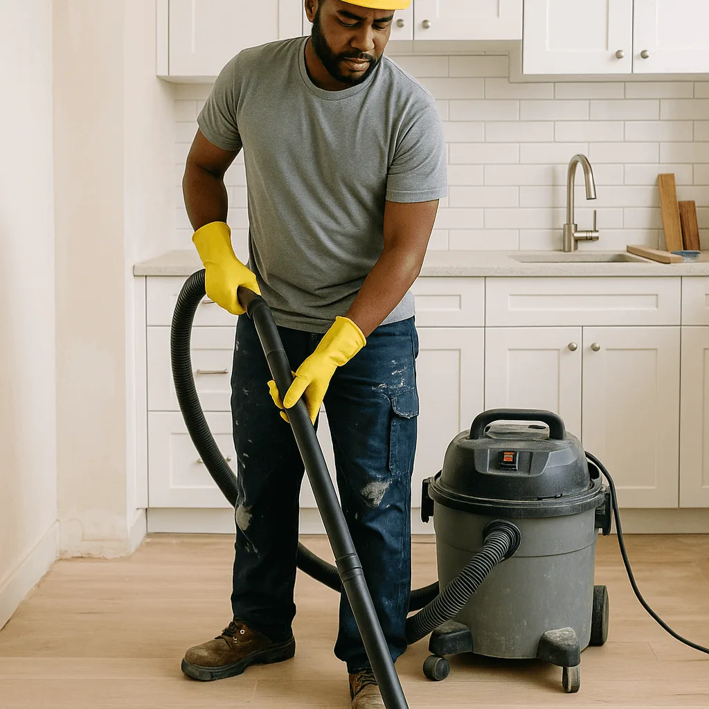 Male performing a post-construction vacuuming and cleaning.