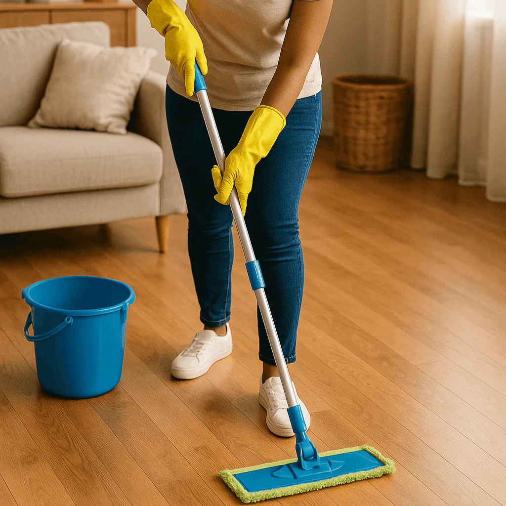 Cleaning lady using swiffer style to mop floor
