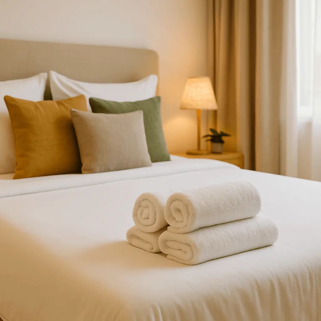 A well made bed with decorative pillows, and towels rolled neatly for a vacation rental cleaning.