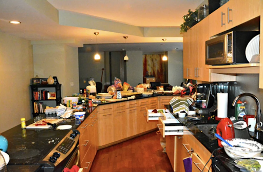 Messy kitchen for cleaning assessment scenario