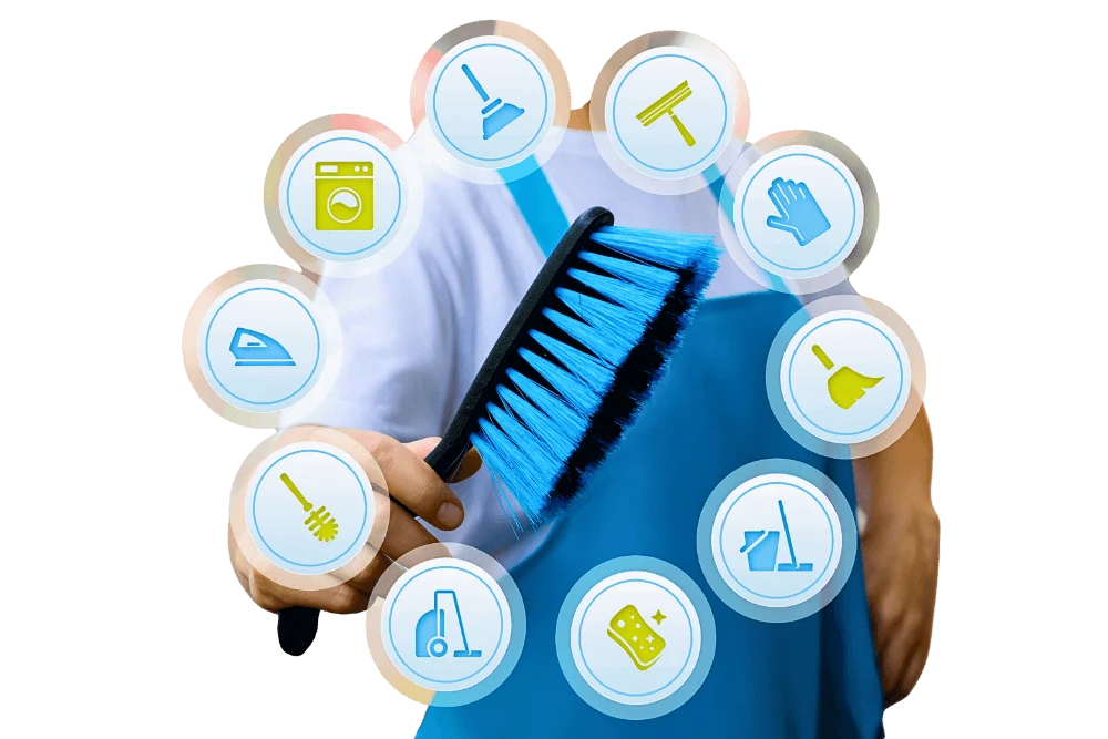 Circle of tools depicting different aspects of our cleaning cycle, with person holding dust brush in the background.